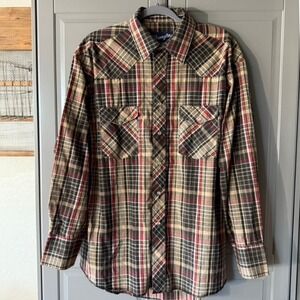 Wrangler Western Plaid X-Long Tails Single Stitch Pearl Snap Shirt, Red Black,L